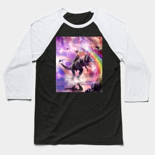 Rainbow Laser Space Cat On Dinosaur Eating Pizza Baseball T-Shirt